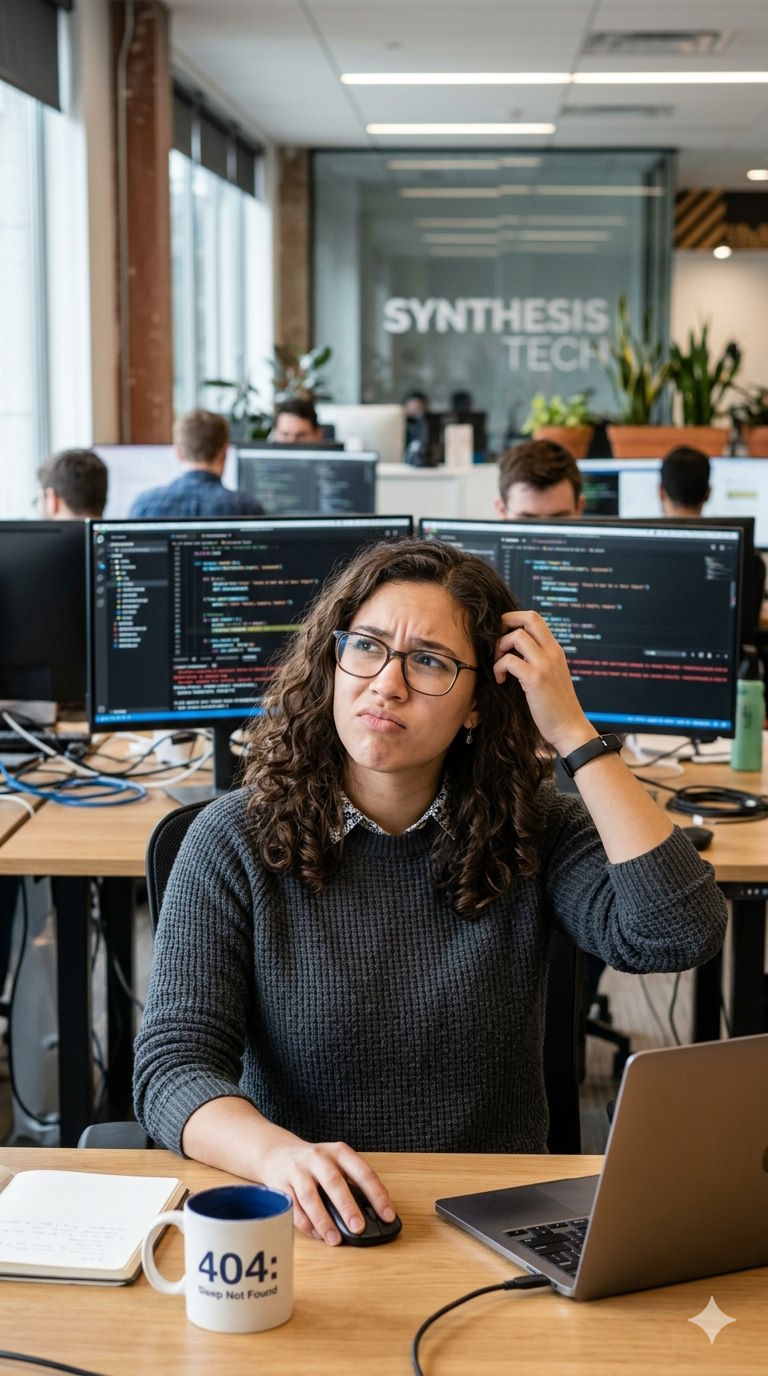 An engineer at her desk, puzzled