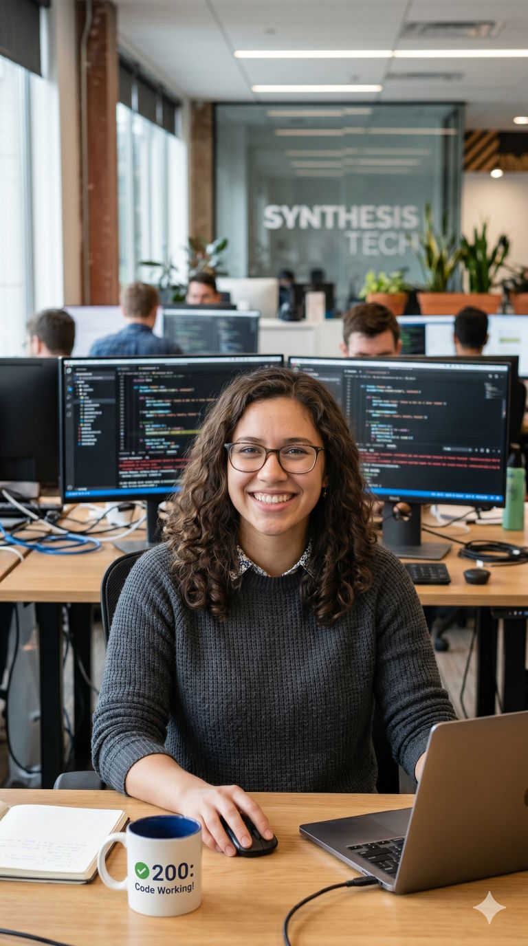 The same engineer at her desk, calm and satisfied