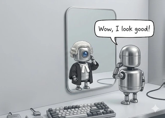 A small robot at a mirror sees its reflection robed and wigged as a judge and says, "Wow, I look good!" — an agent approving its own work.