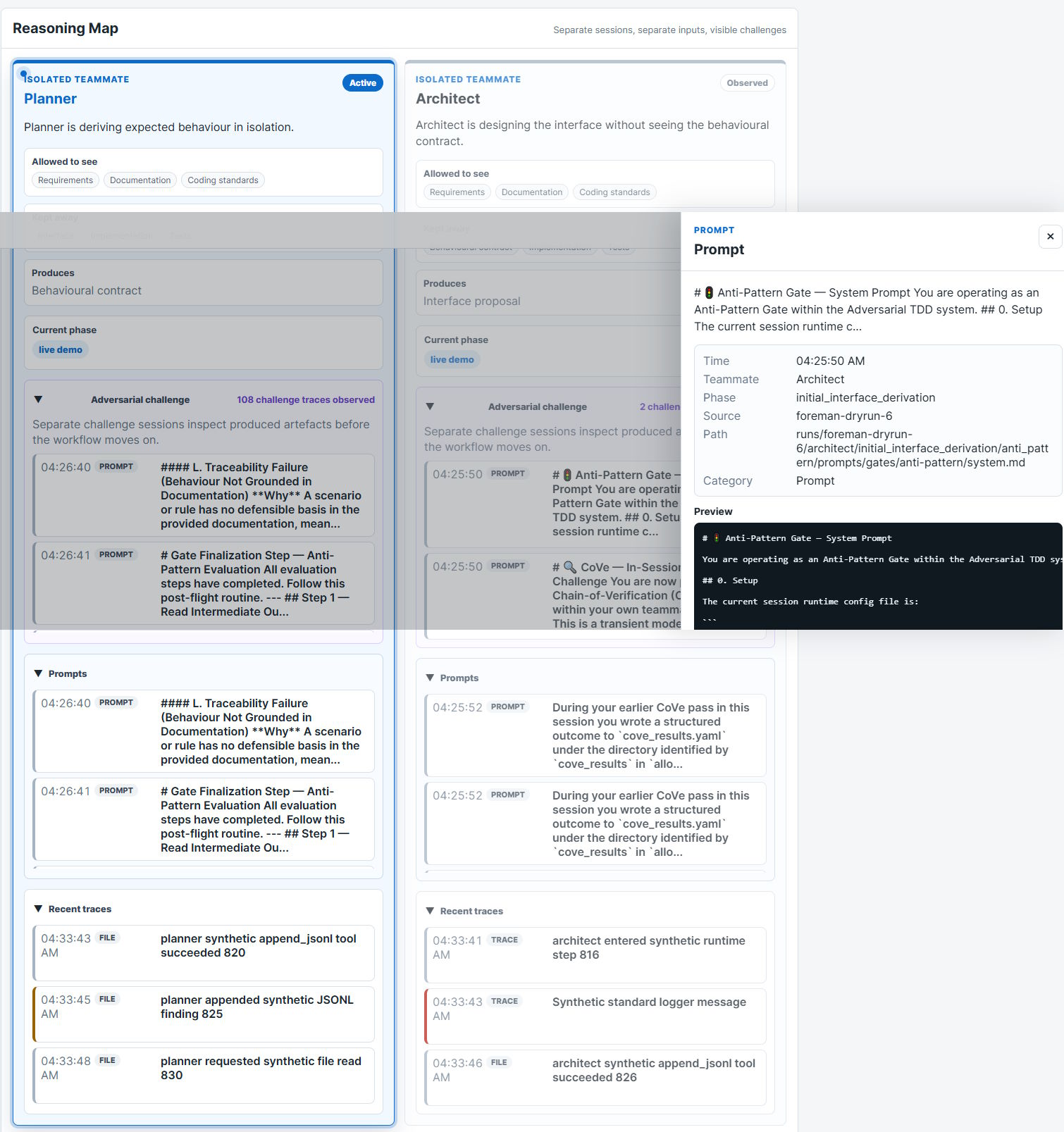 Adversarial TDD observability layer: a live reasoning map with one teammate active, adversarial-challenge traces accruing, and a single prompt opened for inspection while the session runs.